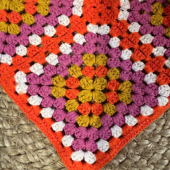Pink Linen | Multicolor Square Pattern Orange Crochet Bandana - Picture 2 of 6